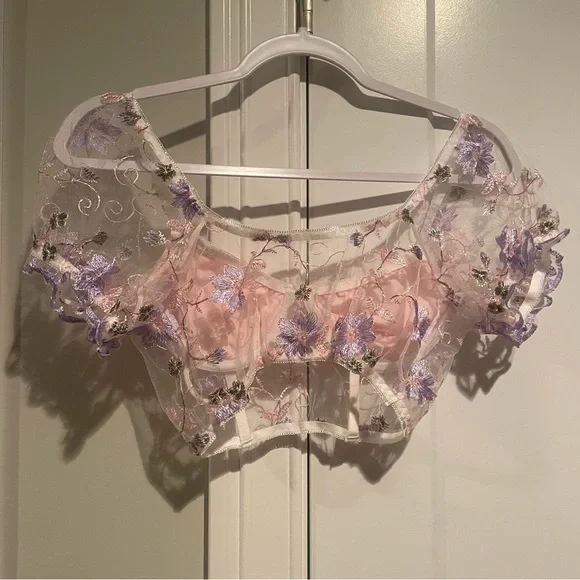 Pink Floral Embroidery Puff Sleeve Sweetheart Neck Top - Picture 9 of 10